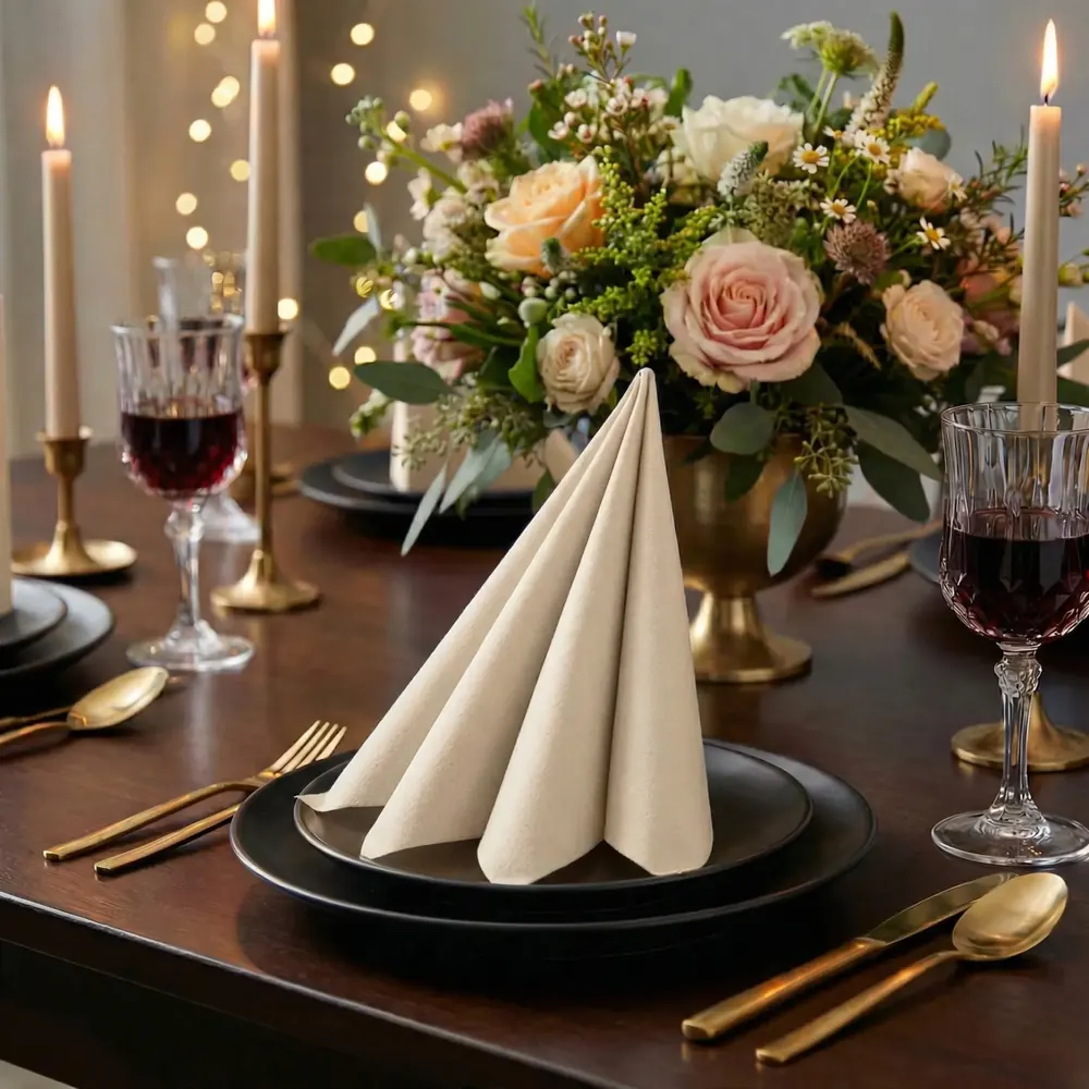 Elegant place setting with a cream Singular napkin, gold flatware, and a glass of red wine on a dark table
