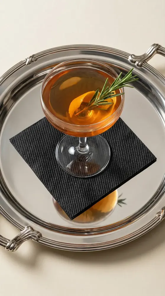 Amber cocktail in a coupe glass on a textured black Singular napkin on a silver tray