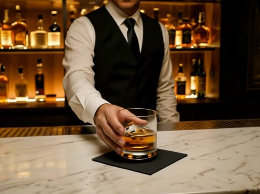 Premium cocktail service with a black Singular napkin
