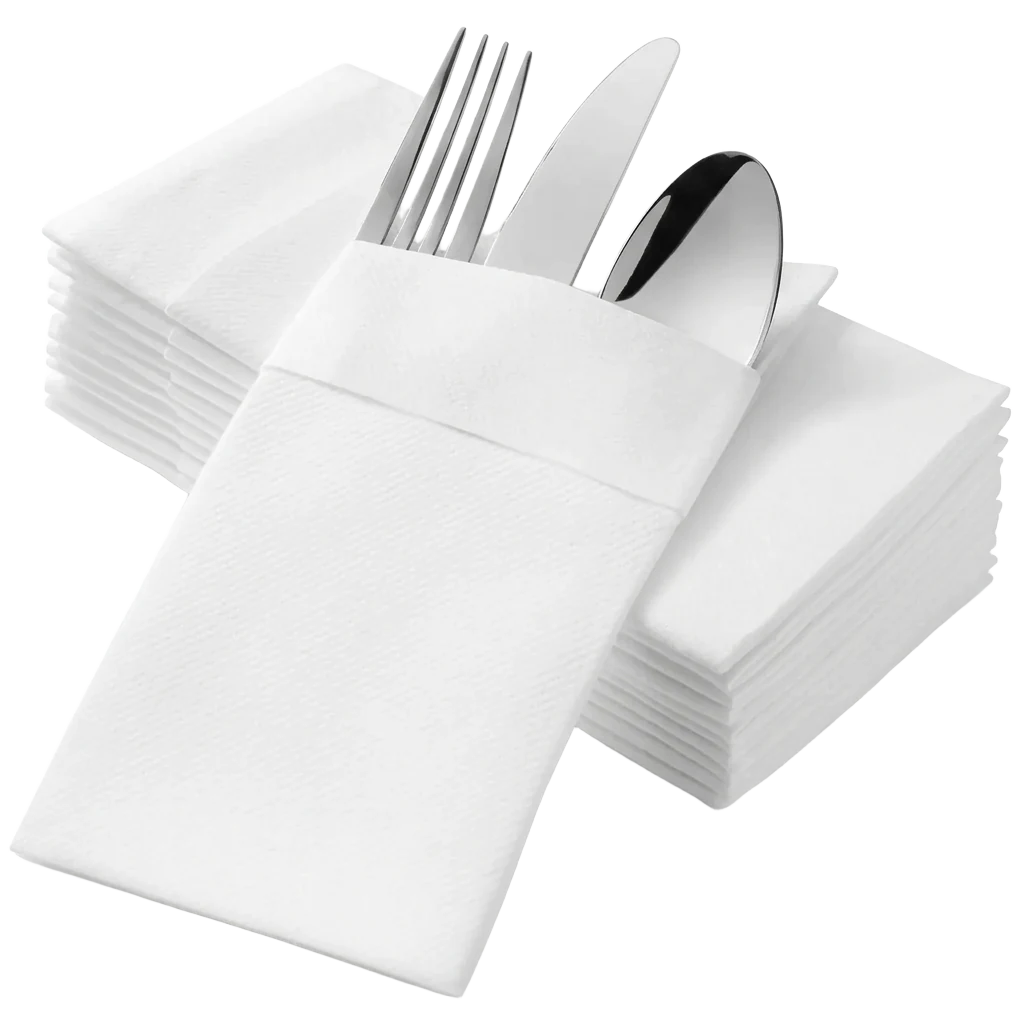 White Singular pocket napkins holding polished flatware